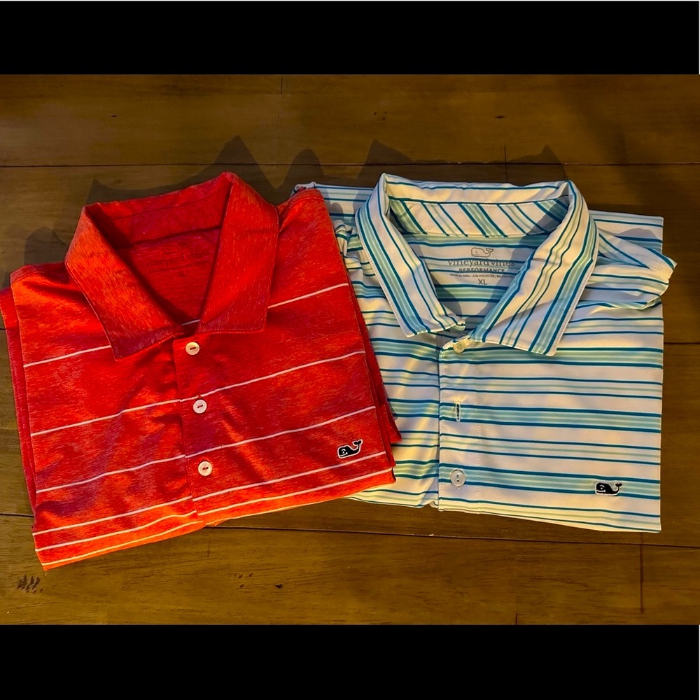 TWO vineyard vines Performance golf polos.